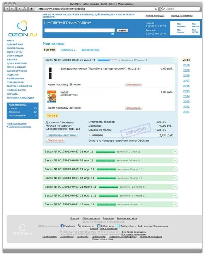 Оформление заказа в Ozon.ru