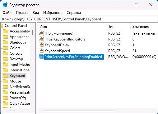 Отключение ножниц при нажатии кнопки Print Screen в реестре